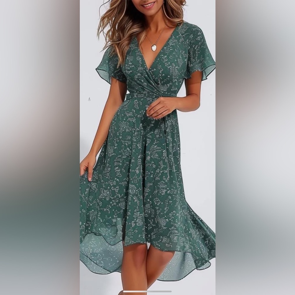 Green V-Neck short sleeve Midi dress